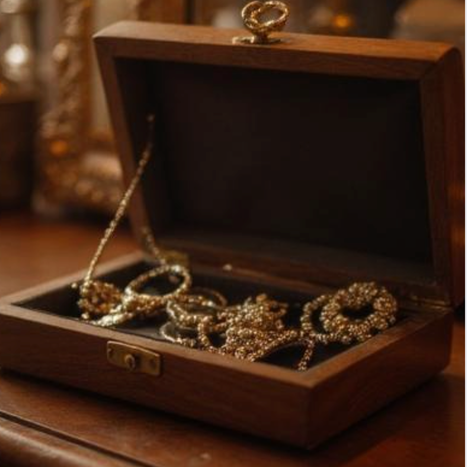 Wooden jewelry box with gold necklaces on a wooden surface